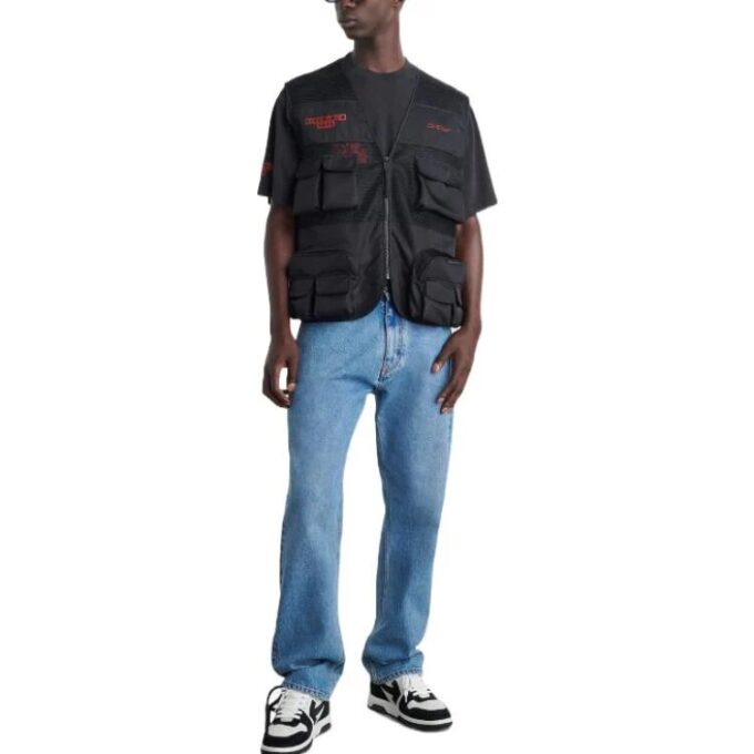 Off-White Men’ s Mesh Splicing V Neck Multiple Pockets Sleeveless Zipper Jacket Creamy White