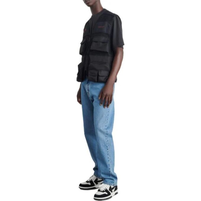 Off-White Men’ s Mesh Splicing V Neck Multiple Pockets Sleeveless Zipper Jacket Creamy White