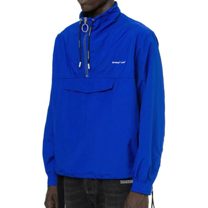 Off-White Men’ s Nylon Drawstring Alphabet Logo Sports Pullover Jacket Blue