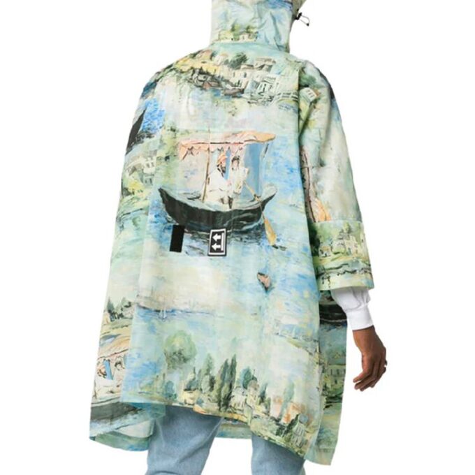 Off-White Men’ s Painting Pattern Mid-Length Nylon Pullover Hooded Loose Fit Green Windbreaker