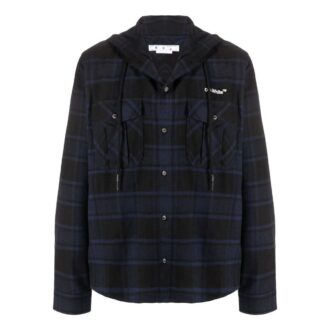 Off-White Men’ s Plaid Full Print Hooded Long Sleeves Blue Jacket Off-White Men’ s Plaid Full Print Hooded Long Sleeves Blue Jacket