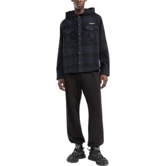Off-White Men’ s Plaid Full Print Hooded Long Sleeves Blue Jacket Off-White Men’ s Plaid Full Print Hooded Long Sleeves Blue Jacket