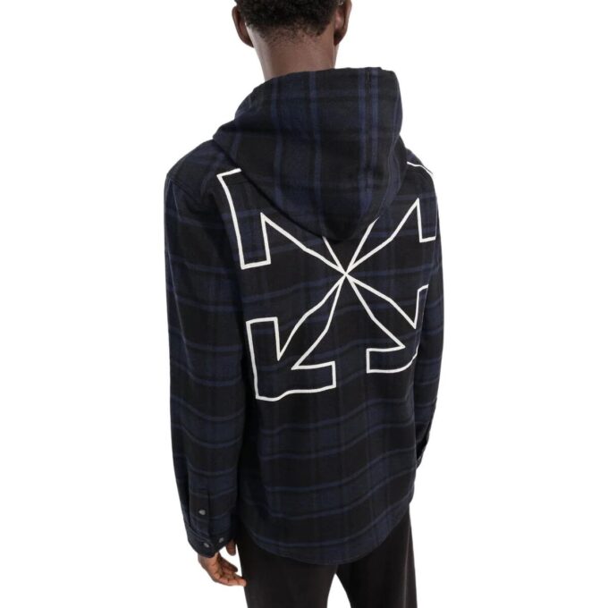 Off-White Men’ s Plaid Full Print Hooded Long Sleeves Blue Jacket