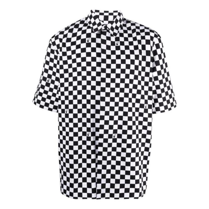 Off-White Men’ s Plaid Lapel Short Sleeve Black Shirt