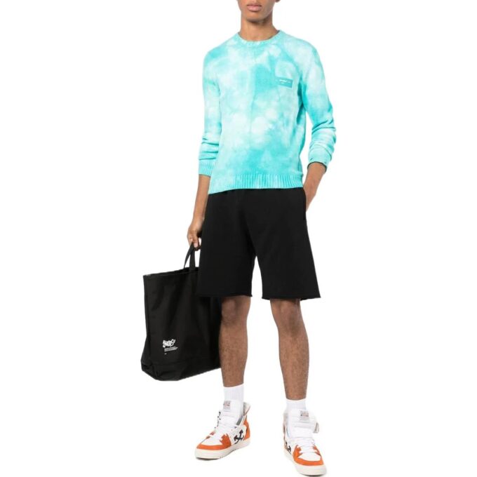 Off-White Men’ s Solid Color Back Printing Pattern Elastic Waistband Straight Shorts Black