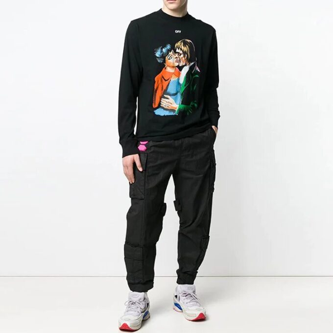 Off-White Men’ s Solid Color Cargo Pocket Sports Pants/Trousers/Joggers Loose Fit Black