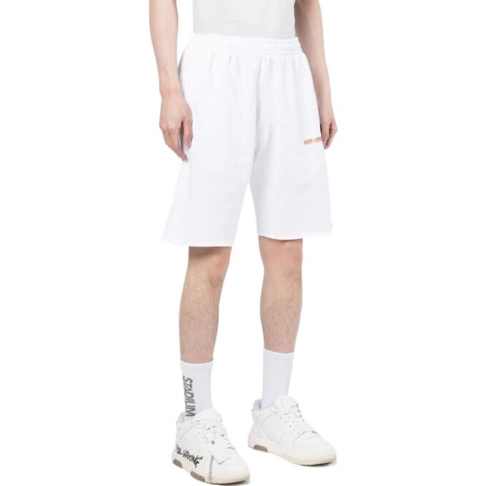 Off-White Men’ s Solid Color Logo Printing Pattern Elastic Waistband Straight Shorts White