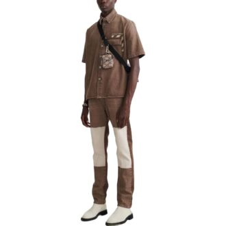 Off-White Men’ s Solid Color Pocket Short Sleeve Version Brown Shirt