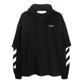 Off-White Men’ s Solid Color Stripe Printing Design Hooded Long Sleeves Black Off-White Men’ s Solid Color Stripe Printing Design Hooded Long Sleeves Black