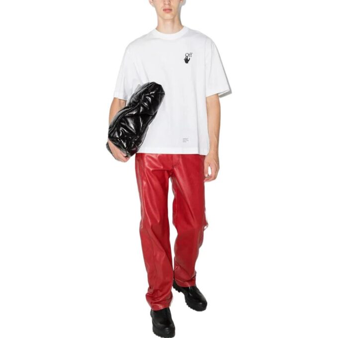 Off-White Men’ s SS22 Caravaggio Arrow Pattern Logo Printing Round Neck Short Sleeve White T-Shirt
