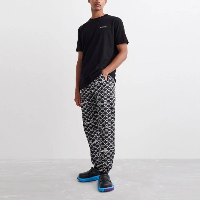 Off-White Men’ s SS22 Full Print Arrow Pattern Alphabet Sports Pants/Trousers/Joggers Black