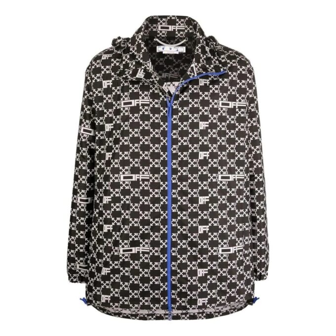 Off-White Men’ s SS22 Geometry Pattern Full Print Stand Collar Hooded Jacket Version Autumn Black