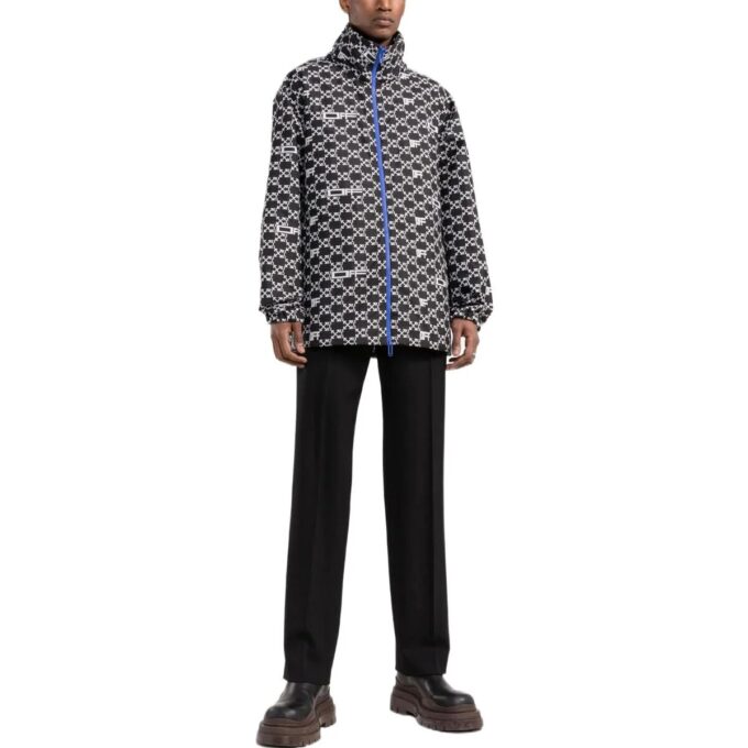 Off-White Men’ s SS22 Geometry Pattern Full Print Stand Collar Hooded Jacket Version Autumn Black