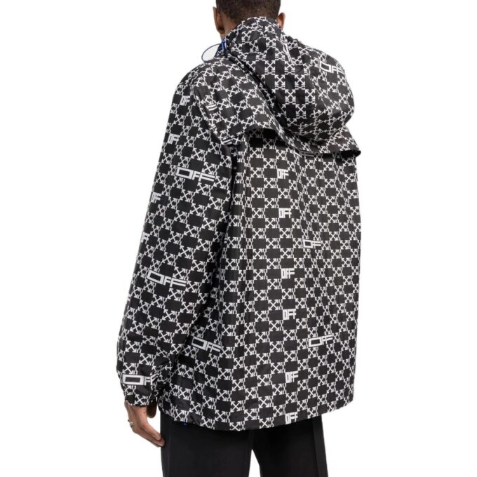 Off-White Men’ s SS22 Geometry Pattern Full Print Stand Collar Hooded Jacket Version Autumn Black