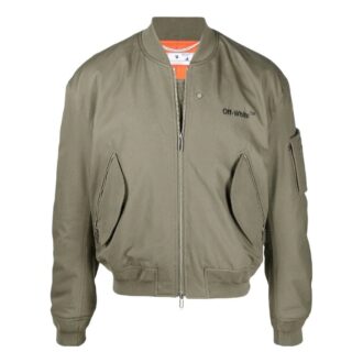 Off-White Men’ s SS22 Logo Embroidered Ribbed Collar Aviator Jacket Military Green Off-White Men’ s SS22 Logo Embroidered Ribbed Collar Aviator Jacket Military Green