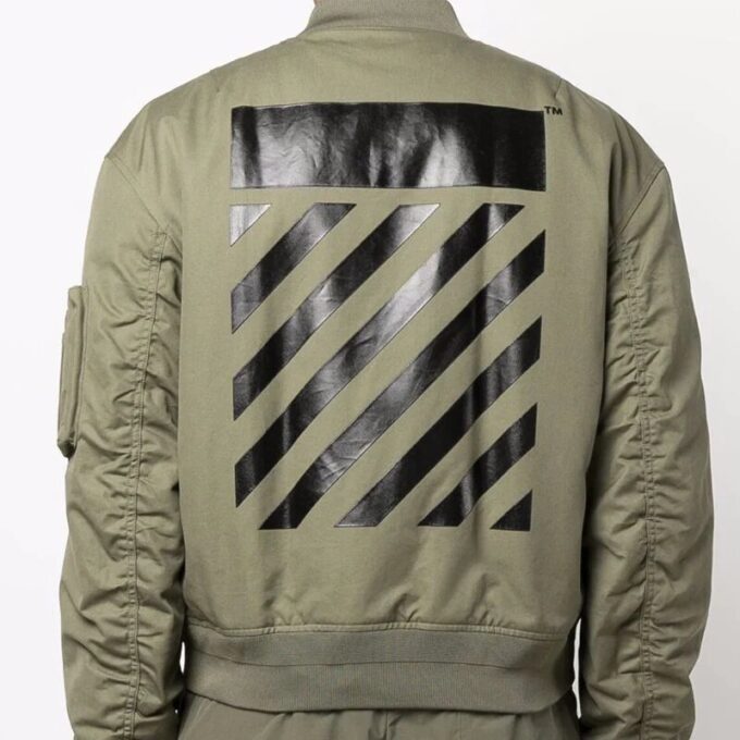 Off-White Men’ s SS22 Logo Embroidered Ribbed Collar Aviator Jacket Military Green
