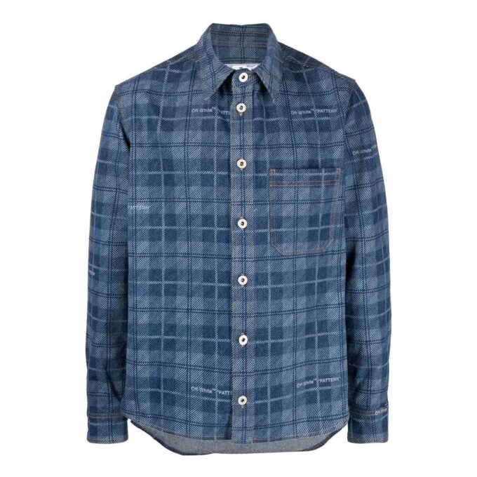 Off-White Men’ s SS22 Plaid Back Logo Printing Single Breasted Long Sleeves Ordinary Version Blue Shirt