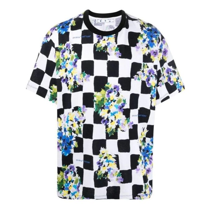 Off-White Men’ s SS22 Plaid Flowers Printing Round Neck Short Sleeve Loose Fit Black T-Shirt