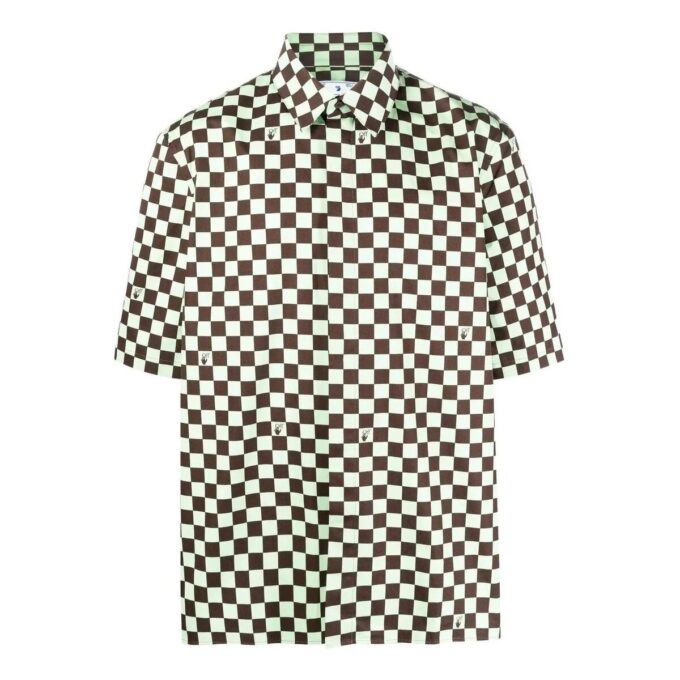 Off-White Men’ s SS22 Plaid Full Print Lapel Short Sleeve Loose Fit Green Shirt