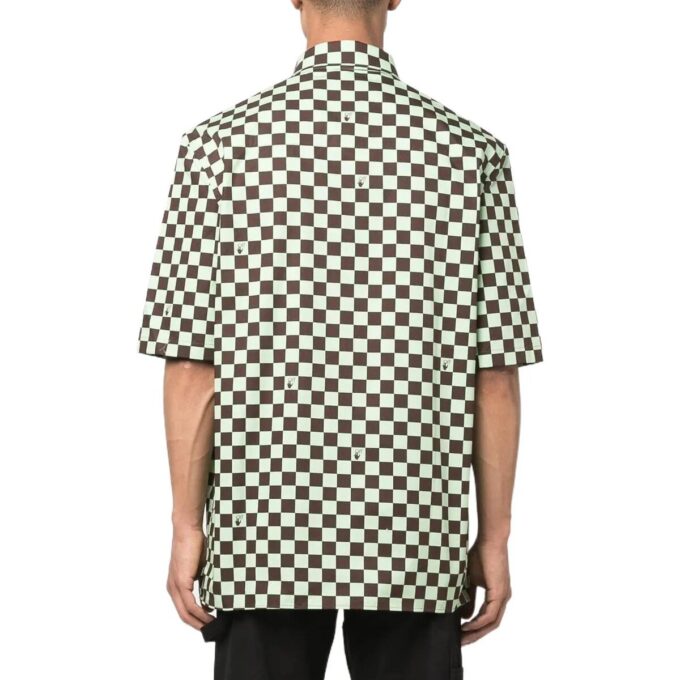 Off-White Men’ s SS22 Plaid Full Print Lapel Short Sleeve Loose Fit Green Shirt