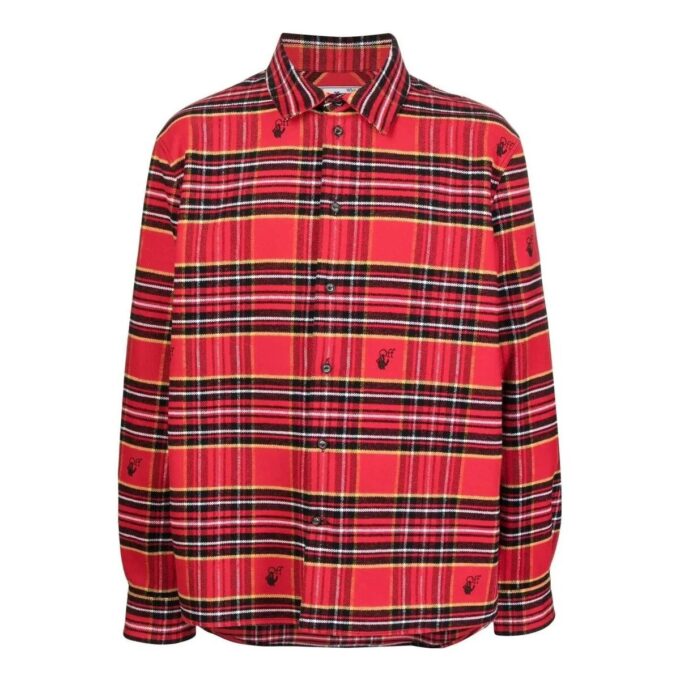 Off-White Men’ s SS22 Plaid Logo Embroidered Lapel Long Sleeves Loose Fit Red Shirt