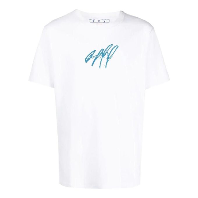 Off-White Men’ s SS22 Round Neck Pullover Embroidered Short Sleeve White T-Shirt