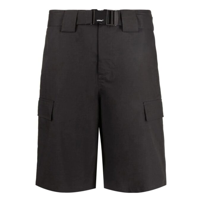 Off-White Men’ s SS22 Solid Color Buckle Big Pocket Cargo Straight Shorts Loose Fit Black