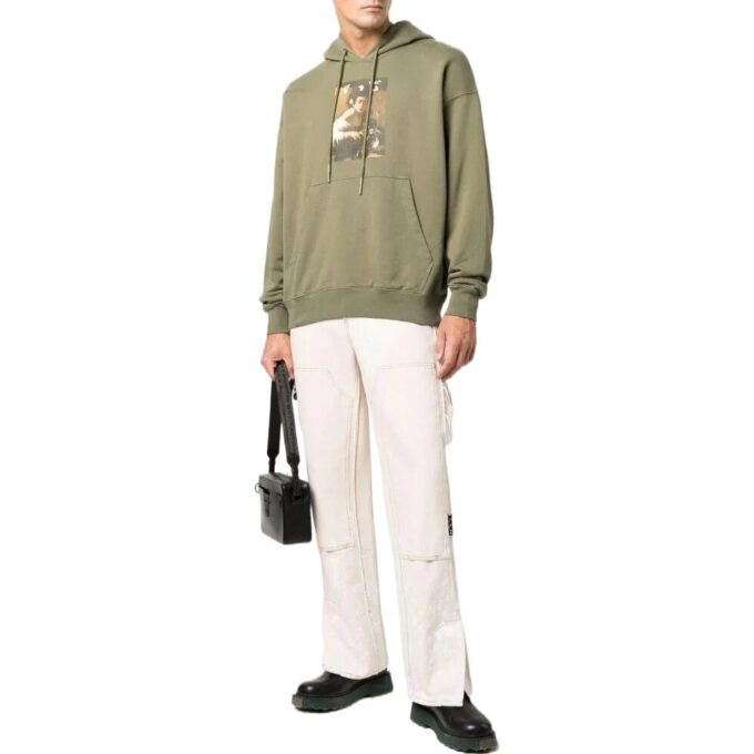 Off-White Men’ s SS22 Solid Color Illustration Printing Hooded Long Sleeves Version Green