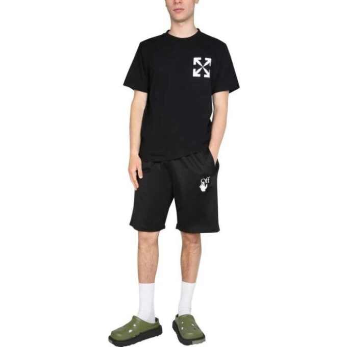 Off-White Men’ s SS22 Solid Color Logo Printing Elastic Waistband Straight Shorts Ordinary Version Black