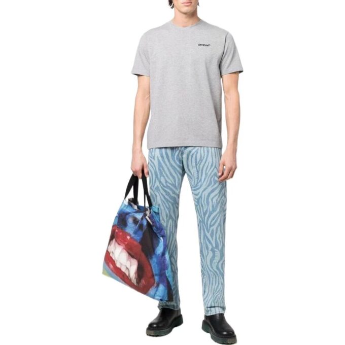 Off-White Men’ s SS22 Solid Color Logo Printing Round Neck Short Sleeve Gray T-Shirt