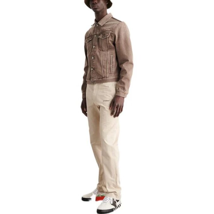 Off-White Men’ s SS22 Solid Color Logo Printing Straight Casual Pants/Trousers Beige