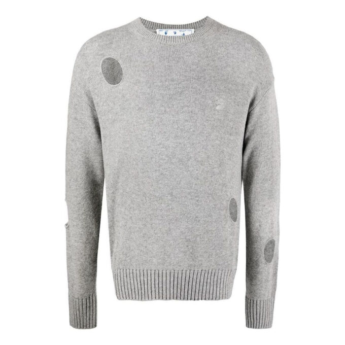Off-White Men’ s SS22 Solid Color Round Neck Pullover Long Sleeves Wool Sweater Gray
