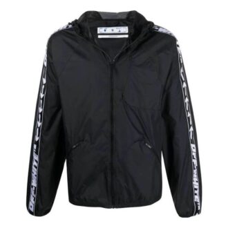 Off-White Men’ s SS22 Splicing Retro Sports Logo Jacquard Zipper Hooded Jacket Black Off-White Men’ s SS22 Splicing Retro Sports Logo Jacquard Zipper Hooded Jacket Black