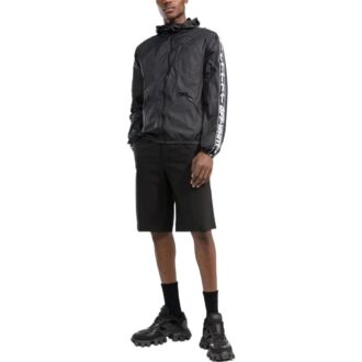 Off-White Men’ s SS22 Splicing Retro Sports Logo Jacquard Zipper Hooded Jacket Black Off-White Men’ s SS22 Splicing Retro Sports Logo Jacquard Zipper Hooded Jacket Black