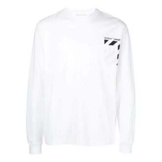Off-White Men’ s SS22 Stripe Logo Printing Pullover Round Neck Long Sleeves White T-Shirt Off-White Men’ s SS22 Stripe Logo Printing Pullover Round Neck Long Sleeves White T-Shirt