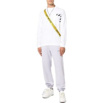 Off-White Men’ s SS22 Stripe Logo Printing Pullover Round Neck Long Sleeves White T-Shirt Off-White Men’ s SS22 Stripe Logo Printing Pullover Round Neck Long Sleeves White T-Shirt