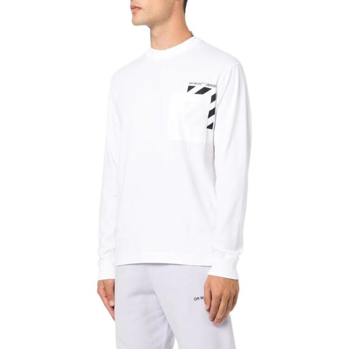 Off-White Men’ s SS22 Stripe Logo Printing Pullover Round Neck Long Sleeves White T-Shirt