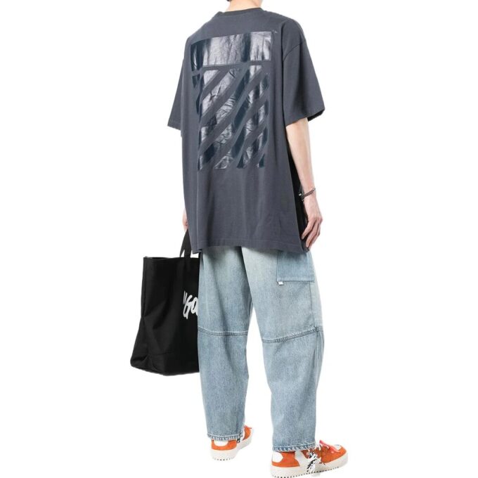 Off-White Men’ s Stripe Printing Short Sleeve Loose Fit Navy Blue T-Shirt