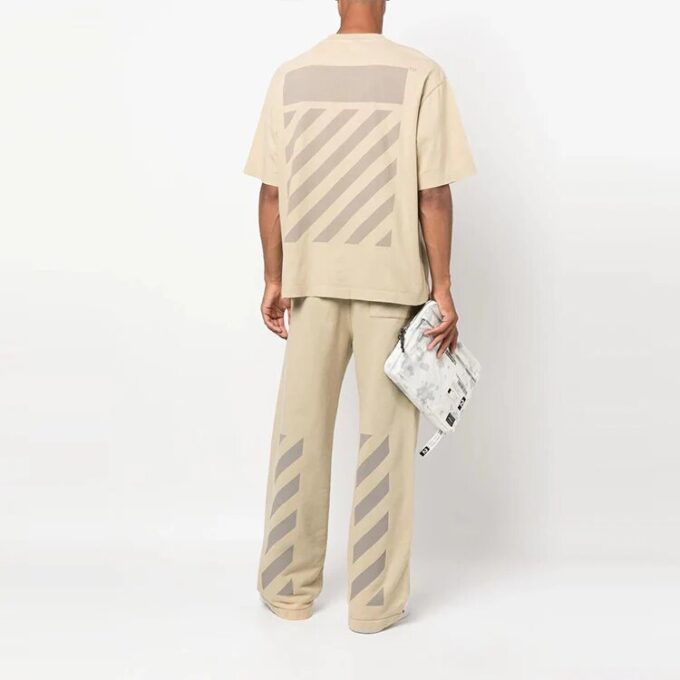Off-White Men’ s Stripe Round Neck Short Sleeve Beige T-Shirt