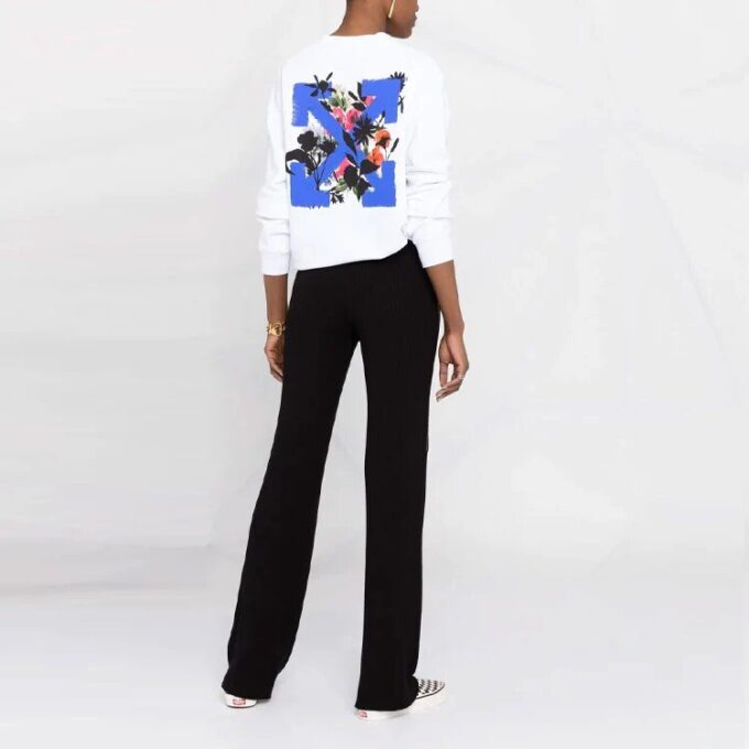 Off-White SS21 Arrow Logo Flowers Printing Round Neck White Hoodie