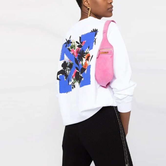 Off-White SS21 Arrow Logo Flowers Printing Round Neck White Hoodie