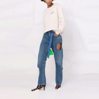 Off-White SS21 Arrows Plaid Flowers Printing Loose Fit Creamy White Hoodie