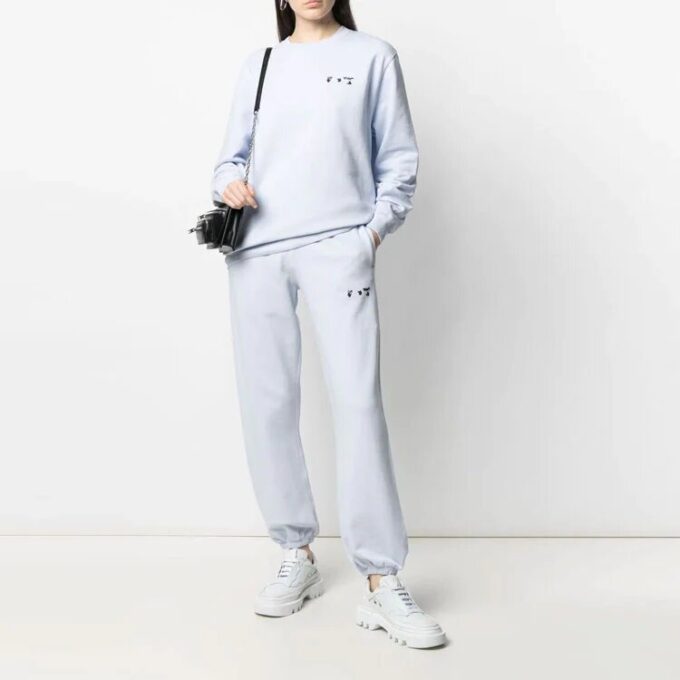 Off-White SS21 Chest Logo Embroidered Round Neck Light Blue Hoodie