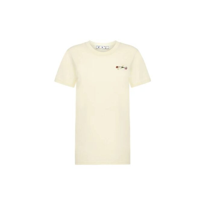 Off-White SS21 Flowers Embroidered Arrow Short Sleeve Creamy White