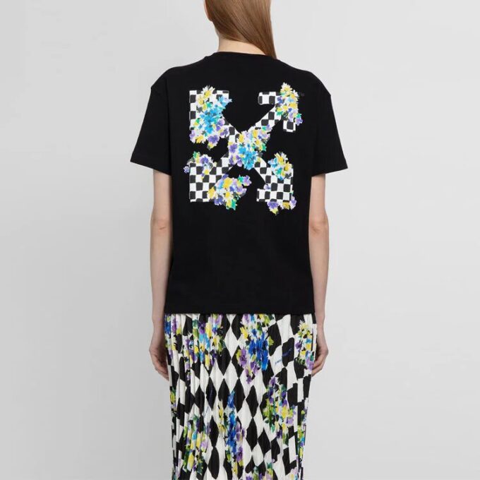 Off-White SS21 Plant Flower Plaid Round Neck Short Sleeve Slim Fit Black T-Shirt