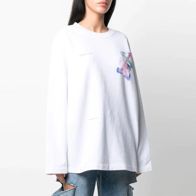 Off-White SS21 Printing Logo Pattern Round Neck Pullover Loose Fit White Hoodie