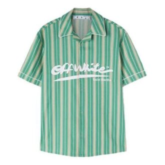 Off-White x c/o Eden Rock St. Barth Crossover FW22 Logo Printing Stripe Short Sleeve Green Shirt Off-White x c/o Eden Rock St. Barth Crossover FW22 Logo Printing Stripe Short Sleeve Green Shirt