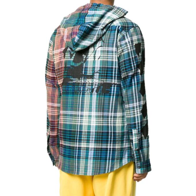 Plaid Printing Asymmetric hooded Shirt Blue