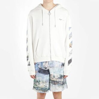 Printing Arrow Zip-up Hooded Fleece Men White