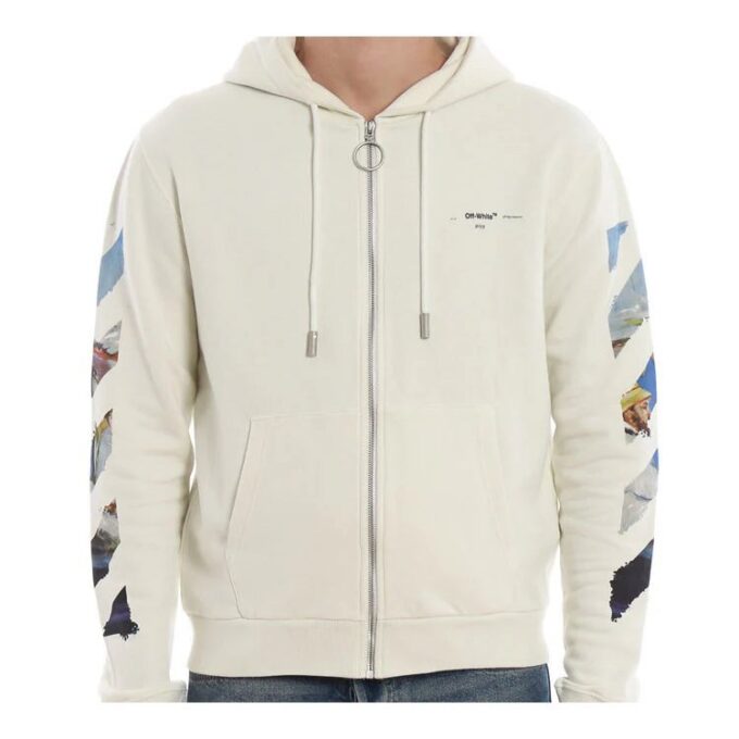 Printing Arrow Zip-up Hooded Fleece Men White